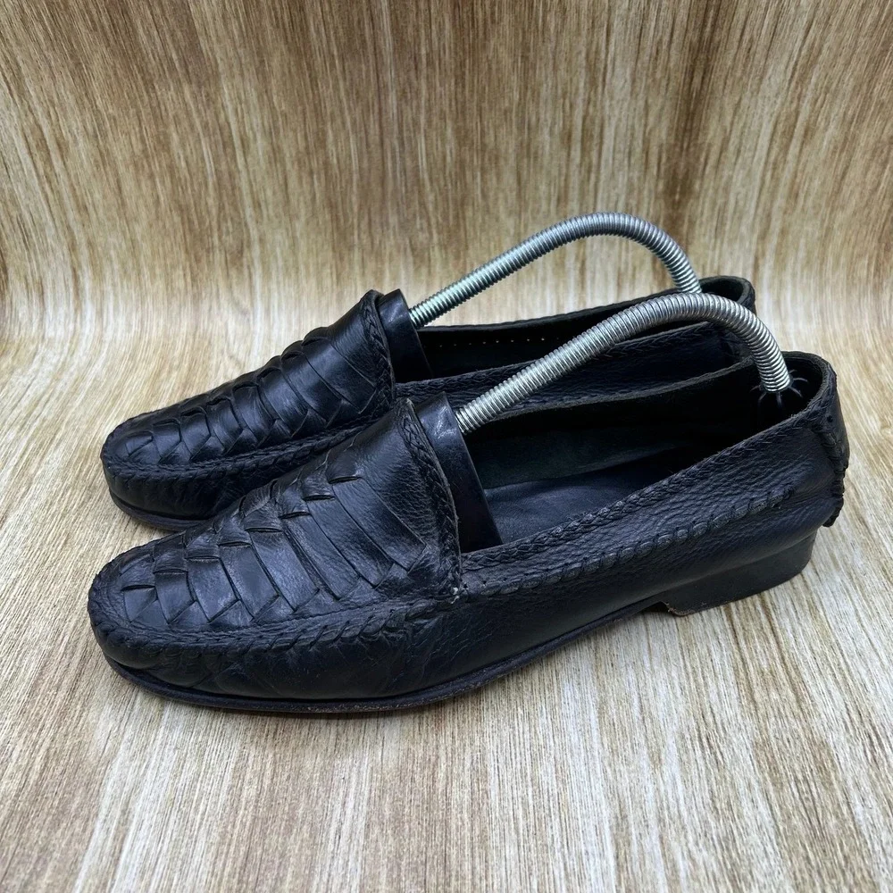Bragano Woven Loafers Men's Size 9 Black Leather Italian Crafted Slip On Shoes